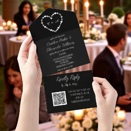 Invitación Todo En Uno Elegante Black Script Moderno Único RSVP QR Code