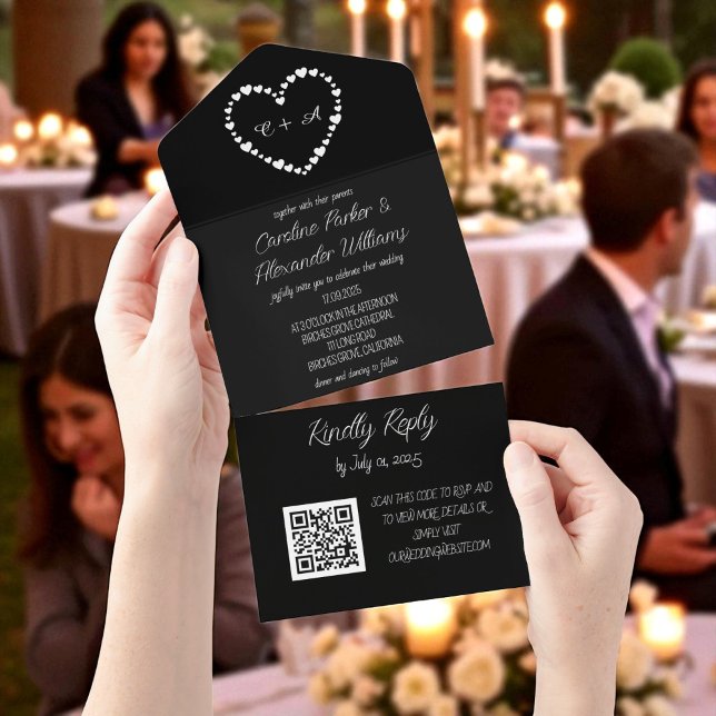 Invitación Todo En Uno Elegante Black Script Moderno Único RSVP QR Code (Subido por el creador)