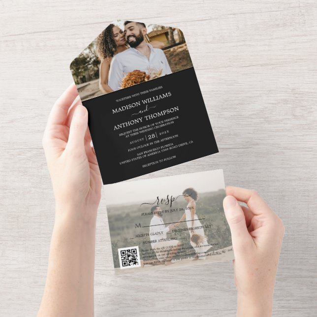 Invitación Todo En Uno Elegante blanco negro simple 2 foto Boda de código (desgarro)