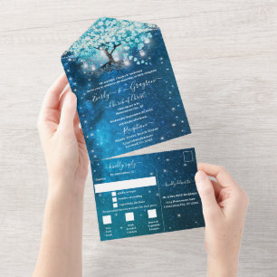Invitación Todo En Uno Elegante Blue Aqua Verde azulado Boda de Árbol de 
