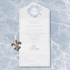Invitación Todo En Uno Elegante Blue Chinoiserie Escudo de pájaros Boda C