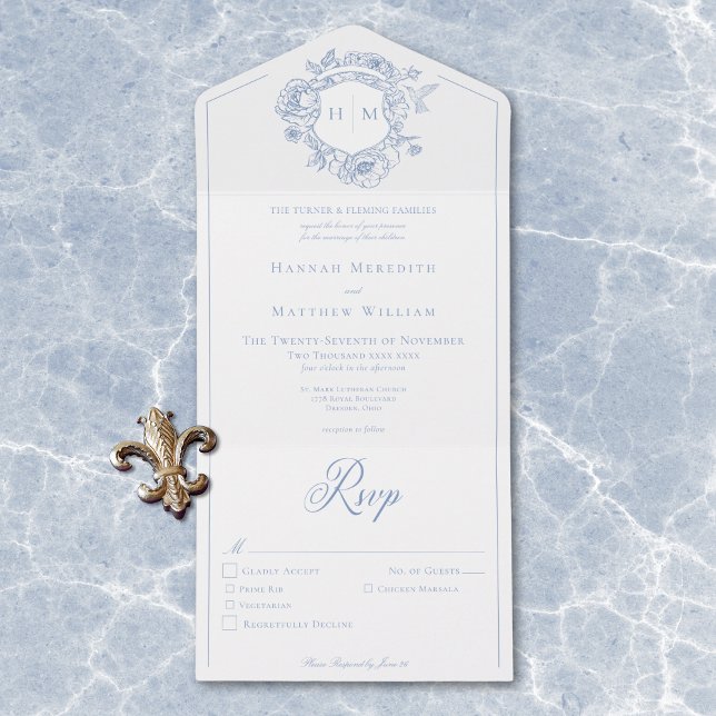 Invitación Todo En Uno Elegante Blue Chinoiserie Escudo de pájaros Boda C (Elegant Blue Chinoiserie Bird Crest Wedding Dinner All In One Invitation)