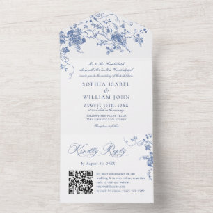 Invitación Todo En Uno Elegante Blue France Garden Flores Boda código QR