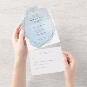 Invitación Todo En Uno Elegante Blue Watercolor Gold Frame Bat Mitzvah