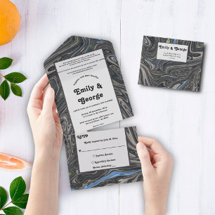 Invitación Todo En Uno Elegante Boda abstracto de ondas gris azul minimal