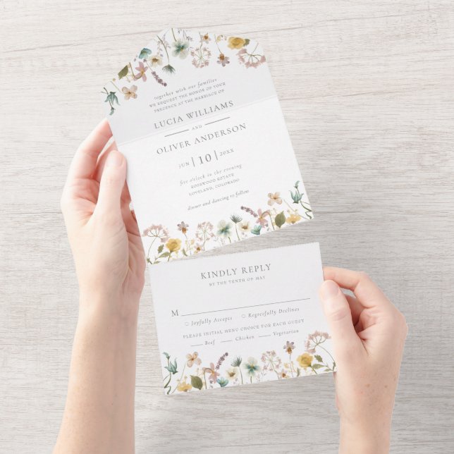 Invitación Todo En Uno Elegante Boda acuarela floral (desgarro)