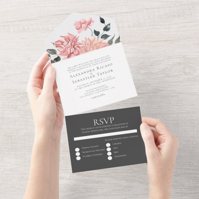 Invitación Todo En Uno Elegante Boda acuarela floral (desgarro)