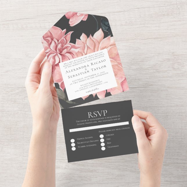 Invitación Todo En Uno Elegante Boda acuarela floral (desgarro)