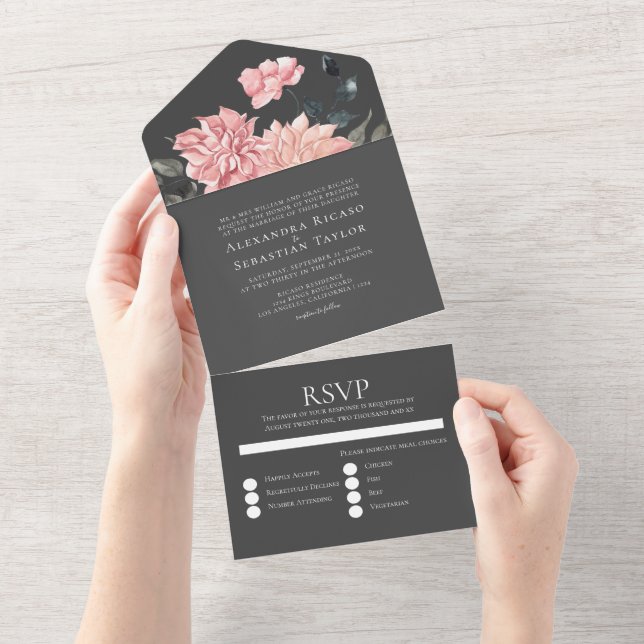 Invitación Todo En Uno Elegante Boda acuarela floral (desgarro)