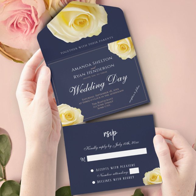 Invitación Todo En Uno Elegante Boda amarillo rosa amarillo medianoche az (Subido por el creador)