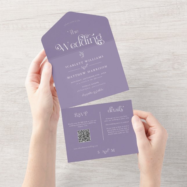 Invitación Todo En Uno Elegante Boda astuto morado caprichoso (desgarro)