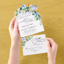 Invitación Todo En Uno Elegante boda azul blanco amarillo floral