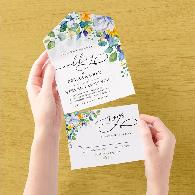 Invitación Todo En Uno Elegante boda azul blanco amarillo floral (Subido por el creador)
