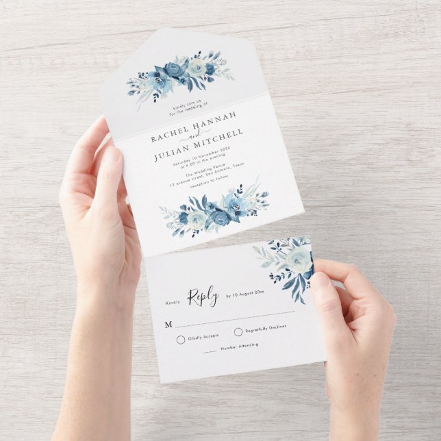 Invitación Todo En Uno elegante boda azul celeste (desgarro)