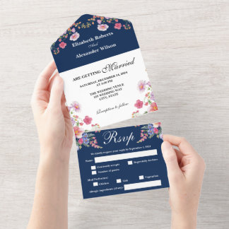 Invitación Todo En Uno Elegante Boda azul de flores silvestres de colores