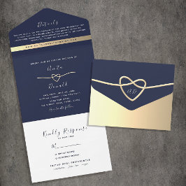 Invitación Todo En Uno Elegante Boda azul de la Marina Mínima