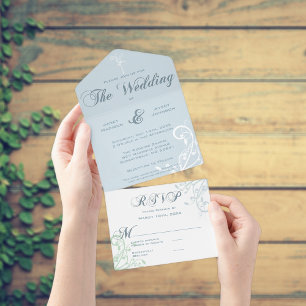 Invitación Todo En Uno Elegante Boda azul de luz pálida floral