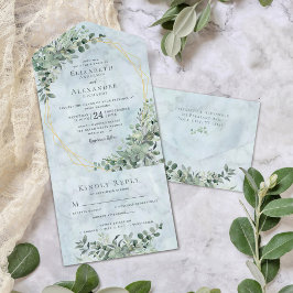 Invitación Todo En Uno Elegante Boda azul de mármol Eucalipto Dusty
