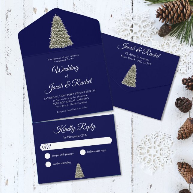 Invitación Todo En Uno Elegante Boda azul del árbol de navidad de la noch (Christmas tree on dark blue background rustic wedding all-in-one send-and-seal invitation.)