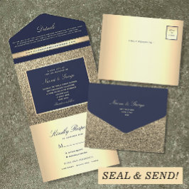 Invitación Todo En Uno Elegante Boda Azul Marino y Dorado