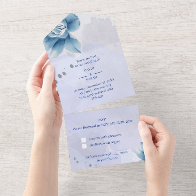 Invitación Todo En Uno Elegante Boda azul personalizado (desgarro)
