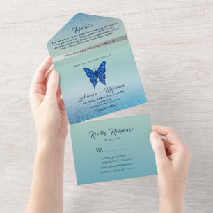 Invitación Todo En Uno Elegante Boda azul plateado