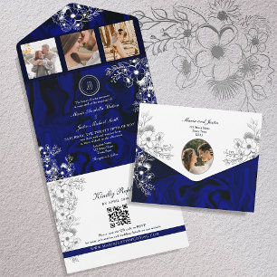 Invitación Todo En Uno Elegante Boda Azul Real