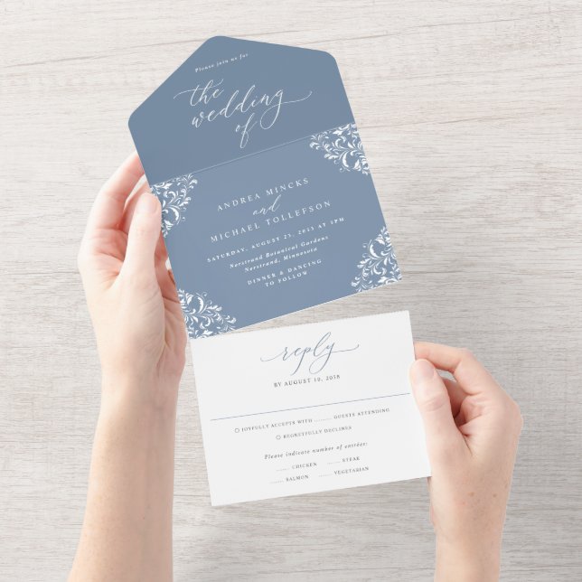 Invitación Todo En Uno Elegante Boda azul turbio (desgarro)