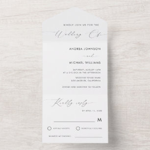 Invitación Todo En Uno Elegante Boda blanco Minimalista de escritura mode
