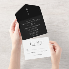 Invitación Todo En Uno Elegante Boda blanco negro clásico