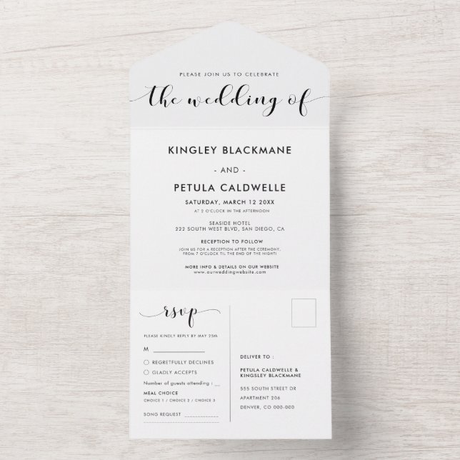 Invitación Todo En Uno Elegante boda blanco y negro (Interior)
