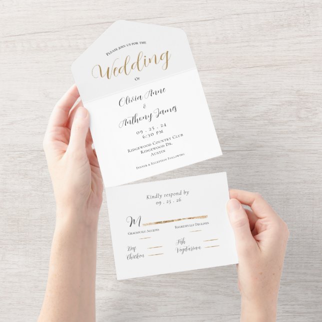 Invitación Todo En Uno Elegante Boda Blanco y Oro (desgarro)