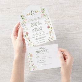 Invitación Todo En Uno Elegante Boda Bohemiano Monograma Floral