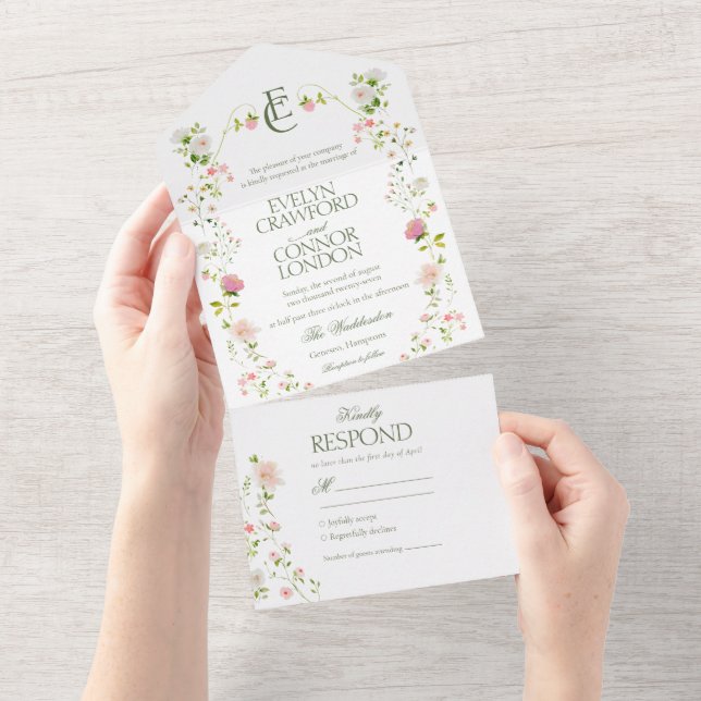 Invitación Todo En Uno Elegante Boda Bohemiano Monograma Floral (desgarro)