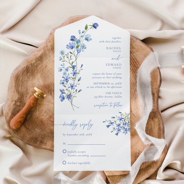 Invitación Todo En Uno Elegante Boda Boho Dusty Blue Wildflower (Subido por el creador)