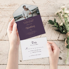 Invitación Todo En Uno Elegante Boda Boho Oscura de Morado