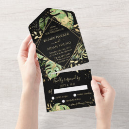 Invitación Todo En Uno Elegante Boda Botánica Tropical de Negro y Dorado