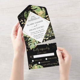 Invitación Todo En Uno Elegante Boda Botánica Tropical Negra y Dorada