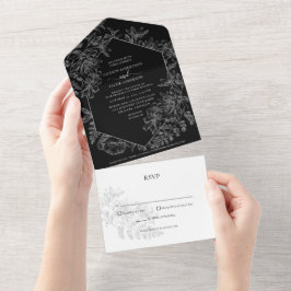 Invitación Todo En Uno Elegante Boda botánico floral blanco negro