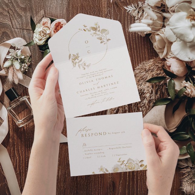 Invitación Todo En Uno Elegante Boda botánico floral dorado Monograma tod (Elegant Gold Botanical Floral Wedding Monogram All All In One Invitation)