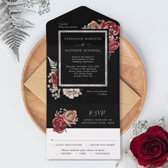 Invitación Todo En Uno Elegante Boda Botánico Rosa Rojo Único Negro (Subido por el creador)