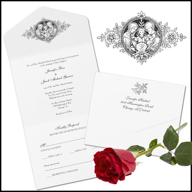 Invitación Todo En Uno Elegante Boda católico negro y blanco (Subido por el creador)