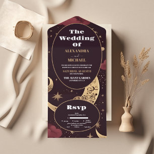 Invitación Todo En Uno Elegante Boda Celestial de Oro Borgoña