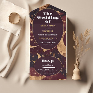 Invitación Todo En Uno Elegante Boda Celestial de Oro Borgoña