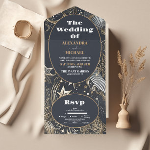 Invitación Todo En Uno Elegante Boda Celestial de Oro Plateado