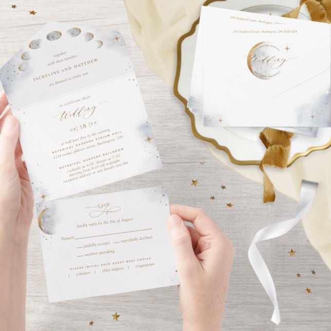 Invitación Todo En Uno Elegante Boda Celestial Gold Moon y Stars (Subido por el creador)