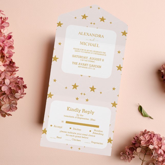 Invitación Todo En Uno Elegante Boda Celestial Rosa y Oro de Rubor (Subido por el creador)