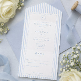 Invitación Todo En Uno Elegante Boda Clásica de Raya Azul con Monograma