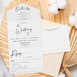 Invitación Todo En Uno Elegante boda clásico de caligrafía blanca negra