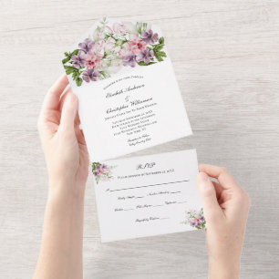 Invitación Todo En Uno Elegante Boda Clásico de Floral Púrpura Verde Rosa